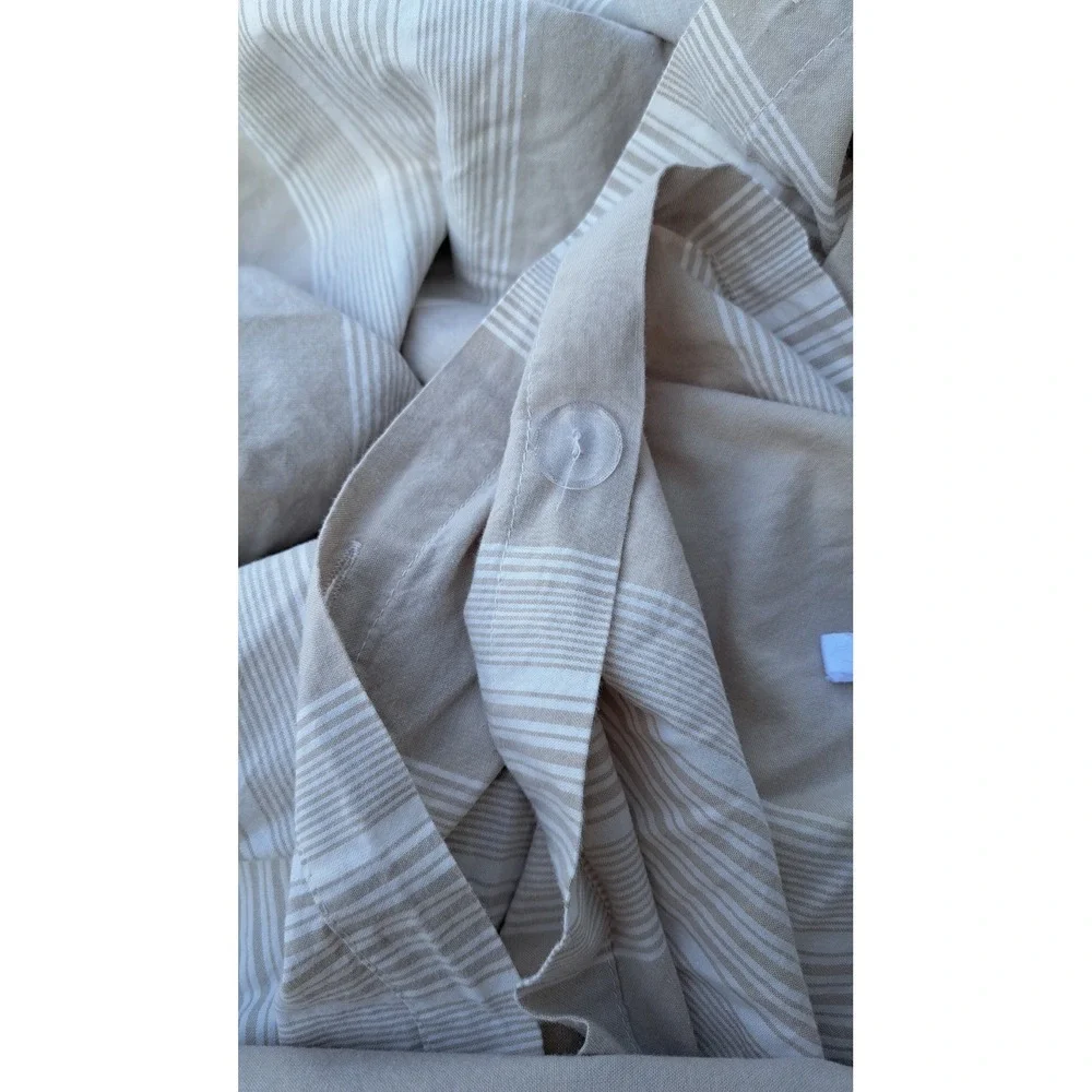 Beige Striped 100% Cotton Queen Duvet Cover Button Closure 92 X 88